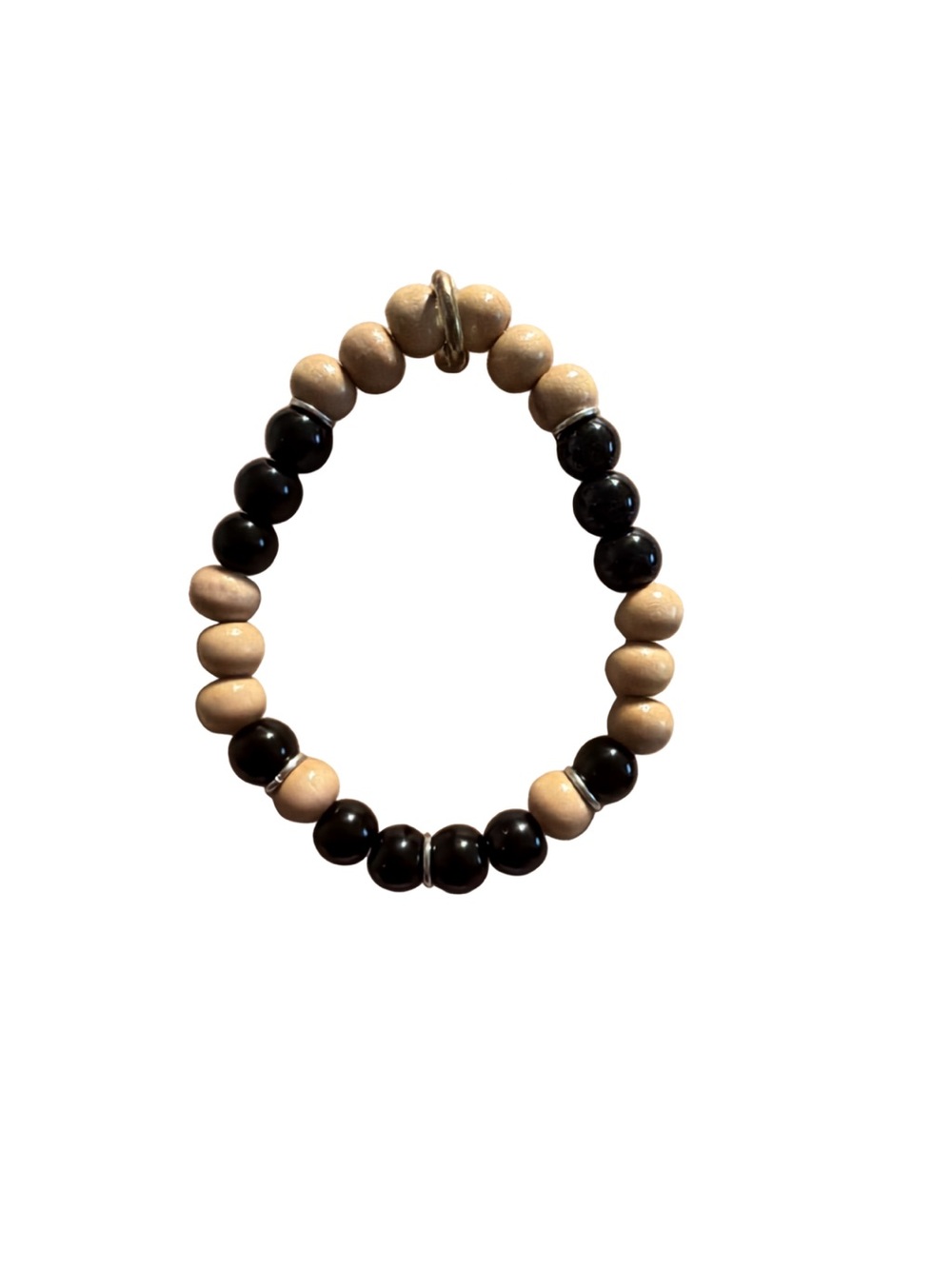 Wood and Black Bead Stretch Bracelet - Unbranded